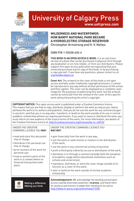 WILDERNESS and WATERPOWER: HOW BANFF NATIONAL PARK BECAME a HYDROELECTRIC STORAGE RESERVOIR Christopher Armstrong and H