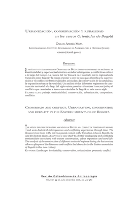 Pdf 478 Carlos Andrés Meza Urbanización, Conservación Y Ruralidad En Los Cerros Orientales De Bogotá