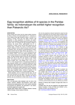 Egg Recognition Abilities of Tit Species in the Paridae Family: Do Indomalayan Tits Exhibit Higher Recognition Than Palearctic Tits?