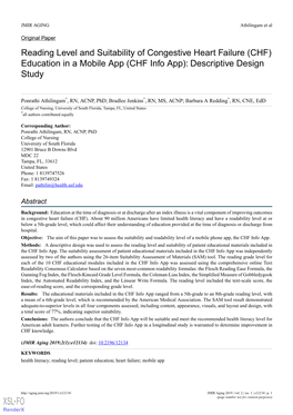 Reading Level and Suitability of Congestive Heart Failure (CHF) Education in a Mobile App (CHF Info App): Descriptive Design Study