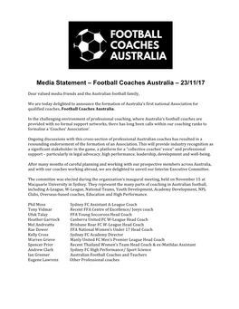 Media Statement – Football Coaches Australia – 23/11/17