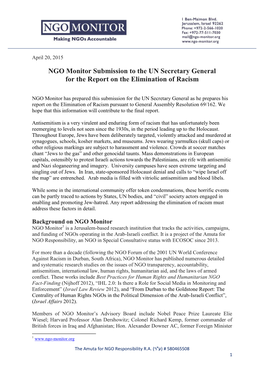 NGO Monitor Submission to the UN Secretary General for the Report on the Elimination of Racism