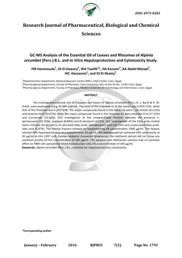 GC-MS Analysis of the Essential Oil of Leaves and Rhizomes of Alpinia Zerumbet (Pers.) B.L