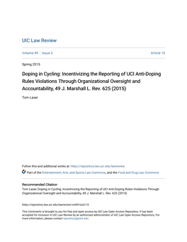 Doping in Cycling: Incentivizing the Reporting of UCI Anti-Doping Rules Violations Through Organizational Oversight and Accountability, 49 J