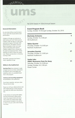 Event Program Book Sunday, October 10 Through Sunday, October 24, 2010 On-Site Ticket Offices at Performance Venues Open 90 Minutes Before Each Performance