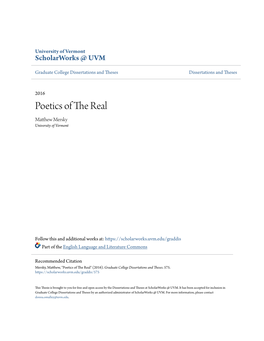 Poetics of the Real Matthew Em Rsky University of Vermont