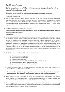 Mr Mark Peacock Letter Objecting to New Airfield at Panshanger and Requesting Alternative Sports Facilities Be Provided