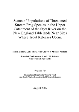 Status of Populations of Threatened Stream Frog Species in the Upper Catchment of the Styx River on the New England Tablelands Near Sites Where Trout Releases Occur