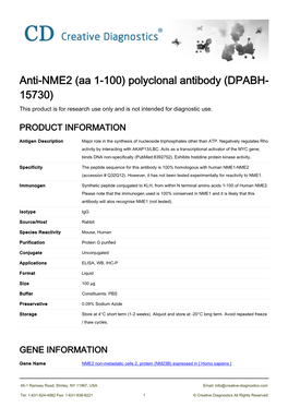 Anti-NME2 (Aa 1-100) Polyclonal Antibody (DPABH- 15730) This Product Is for Research Use Only and Is Not Intended for Diagnostic Use