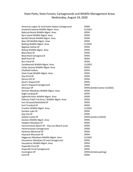 State Parks, State Forests, Campgrounds and Wildlife Management Areas Wednesday, August 19, 2020