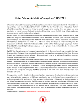 Ulster Schools Athletics Champions 1949-2021
