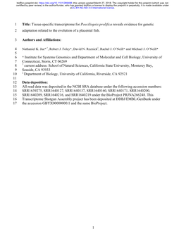 Tissue-Specific Transcriptome for Poeciliopsis Prolifica Reveals Evidence for Genetic 2 Adaptation Related to the Evolution of a Placental Fish