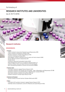 RESEARCH INSTITUTES and UNIVERSITIES (As Of: 29/11/2019)