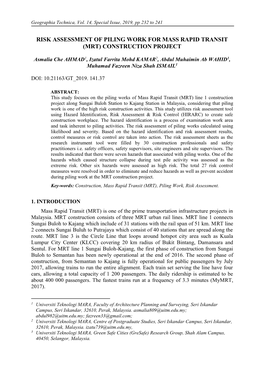 Risk Assessment of Piling Work for Mass Rapid Transit (Mrt) Construction Project