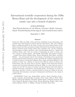 International Scientific Cooperation During the 1930S. Bruno Rossi And