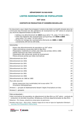 Les Listes Nominatives De Population Du Bas-Rhin Au Xixe Siècle