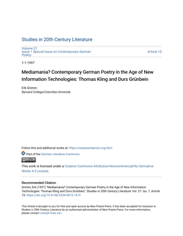 Mediamania? Contemporary German Poetry in the Age of New Information Technologies: Thomas Kling and Durs Grünbein