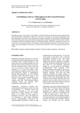 A Preliminary Survey of Bryophytes in the Central Province of Sri Lanka