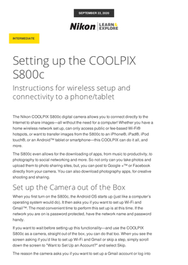 Setting up the COOLPIX S800c Instructions for Wireless Setup and Connectivity to a Phone/Tablet