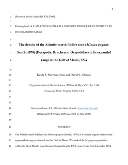 The Density of the Atlantic Marsh Fiddler Crab (Minuca Pugnax, Smith