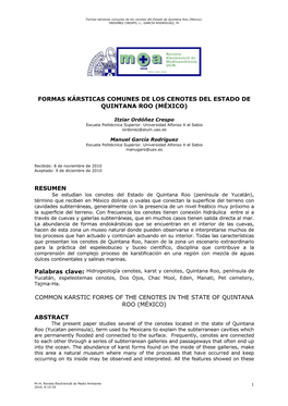 Formas Kársticas Comunes De Los Cenotes Del Estado De Quintana Roo (México)