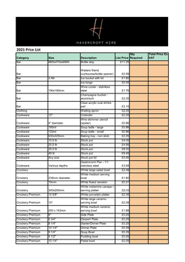 2021 Price List Qty Total Price Ex Category Size Description List Price Required VAT Bar 660Lx470dx690h Bottle Skip £11.25