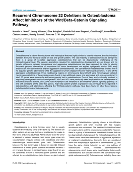 Recurrent Chromosome 22 Deletions in Osteoblastoma Affect Inhibitors of the Wnt/Beta-Catenin Signaling Pathway