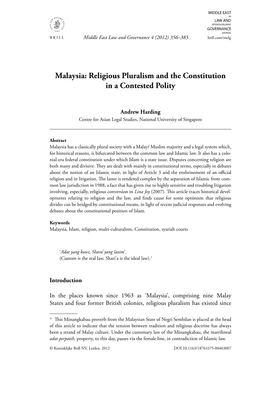 Malaysia: Religious Pluralism and the Constitution in a Contested Polity