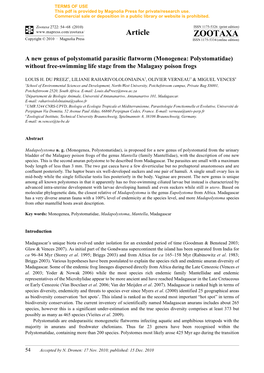 A New Genus of Polystomatid Parasitic Flatworm (Monogenea: Polystomatidae) Without Free-Swimming Life Stage from the Malagasy Poison Frogs