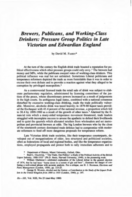 Brewers, Publicans, and Working-Class Drinkers: Pressure Group Politics in Late Victorian and Edwardian England