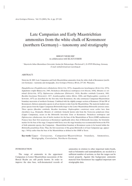 Late Campanian and Early Maastrichtian Ammonites from the White Chalk of Kronsmoor (Northern Germany) – Taxonomy and Stratigraphy