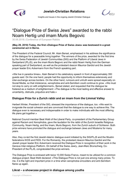 “Dialogue Prize of Swiss Jews” Awarded to the Rabbi Noam Hertig Und Imam Muris Begovic 30.06.2018 | Conference of European Rabbis