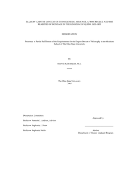 Slavery and the Context of Ethnogenesis: Africans, Afro-Creoles, and the Realities of Bondage in the Kingdom of Quito, 1600-1800