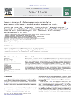 Serum Testosterone Levels in Males Are Not Associated with Entrepreneurial Behavior in Two Independent Observational Studies