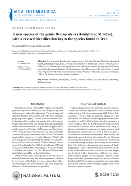 Hemiptera: Miridae), with a Revised Identiﬁ Cation Key to the Species Found in Iran