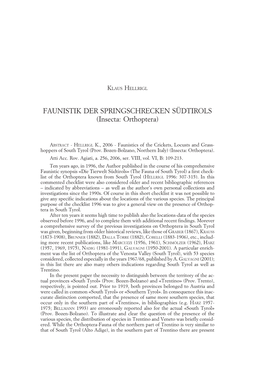 Faunistik Der Springschrecken Südtirols (Insecta: Orthoptera) 109