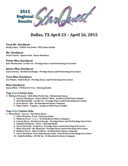 Dallas, TX April 23 – April 26, 2015 2015 Regional Results