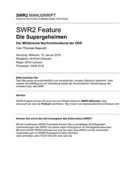 SWR2 Feature Die Supergeheimen Der Militärische Nachrichtendienst Der DDR Von Thomas Gaevert
