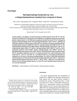Hydrogenophaga Temperata Sp. Nov., a Betaproteobacterium Isolated from Compost in Korea