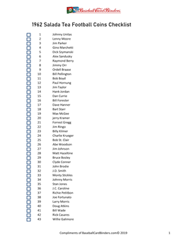 1962 Salada Tea Football Coins Checklist