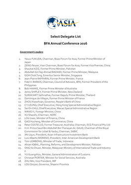 Select Delegate List BFA Annual Conference 2016