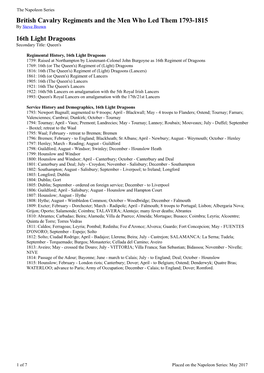 British Cavalry Regiments and the Men Who Led Them 1793-1815 by Steve Brown 16Th Light Dragoons Secondary Title: Queen's