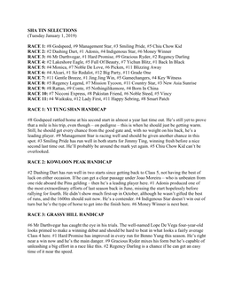 SHA TIN SELECTIONS (Tuesday January 1, 2019)