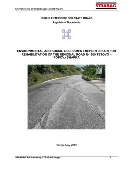 Environmental and Social Assessment Report (Esar) for Rehabilitation of the Regional Road R-1209 Tetovo – Popova Shapka