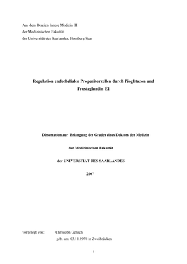 Regulation Endothelialer Progenitorzellen Durch Pioglitazon Und Prostaglandin E1