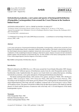 Zootaxa, Gebrukothuria Profundus, a New Genus and Species of Laetmogonid Holothurian