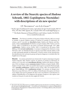 Hadena Schrank, 1802 (Lepidoptera: Noctuidae) with Descriptions of Six New Species1