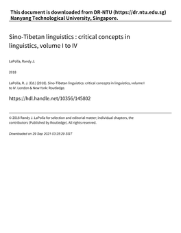 Sino‑Tibetan Linguistics : Critical Concepts in Linguistics, Volume I to IV