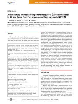 Diptera: Culicidae) in Qir and Karzin from Fars Province, Southern Iran, During 2017-18