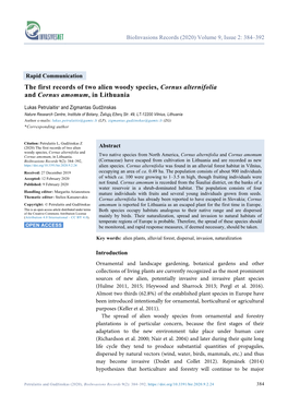 The First Records of Two Alien Woody Species, Cornus Alternifolia and Cornus Amomum, in Lithuania